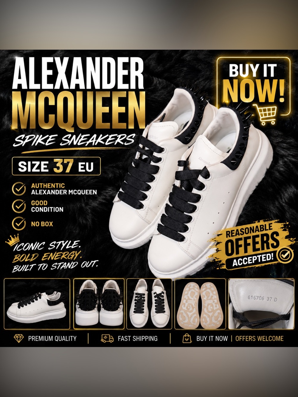 RARE Alexander McQueen Oversized Spike Sneakers White Black Size 37 EU